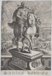 Plate 11: rytterstatue av Titus, sett tre fjerdedeler til høyre, Vesuv-fjellet..., ca. 1587-89.