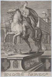 Plate 12: rytterstatue av Domitian, sett tre fjerdedeler til venstre, med hans ..., ca. 1587-89.