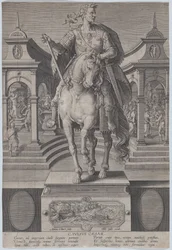 Plate 1: rytterstatue av Julius Cæsar, sett forfra, med en scene av en..., ca. 1587-89.