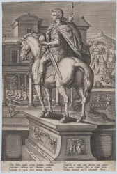 Plate 2: rytterstatue av Augustus, holder en globus og sett bakfra, med ..., ca. 1587-89.