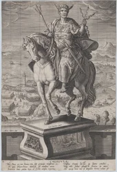 Plate 4: rytterstatue av Caligula, sett tre fjerdedeler til venstre, iført en ..., ca. 1587-89.