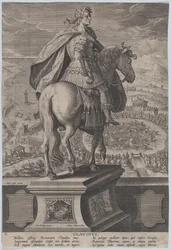 Plate 5: rytterstatue av Claudius, sett bakfra, en marinekonkurranse ved ri..., ca. 1587-89.