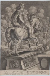 Plate 6: rytterstatue av Nero, sett bakfra, Romas store brann i..., ca. 1587-89.