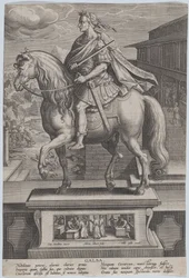 Plate 7: rytterstatue av Galba, i profil til venstre, med en halshuggingsscene..., ca. 1587-89.