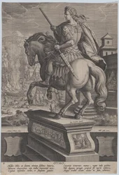 Plate 8: rytterstatue av Otho, sett bakfra, dødsscenen hans i bakgrunnen..., ca. 1587-89.