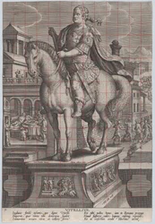 Plate 9: rytterstatue av Vitellius, sett tre fjerdedeler til venstre, med hans ..., ca. 1587-89.