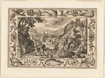 Rebekka og Elieser ved brønnen, fra Landskap med scener fra Det gamle og Det nye testamente og jaktscener