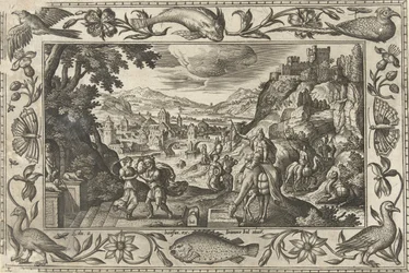 Rebekka og Elieser ved brønnen Landskap med bibelske, mytologiske scener og jaktscener (serietittel)