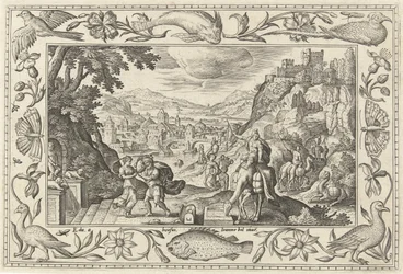 Rebekka og Elieser ved brønnen Landskap med bibelske, mytologiske scener og jaktscener (serietittel)