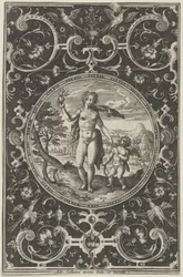 Venus og Amor i en dekorativ ramme med grotesker, fra dommen i Paris..., c1580-1600.