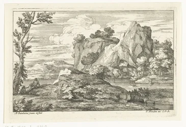 Landskap med en stor stein ved en elv