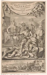 Fransk reformert kirke angrepet av mann med svøpe Tittelside for: E. Benoist, History of the Reformed Churches of Vrankrijk, 1696