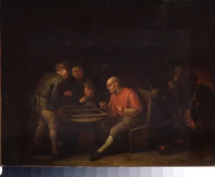 Fleminger som spiller terninger. (Fleminger spiller terninger). Maleri av Adriaen Jansz van Ostade (1610-1685). nederlandsk skole. Olje på lerret. Gatchina Palace Museum, St. Petersburg.