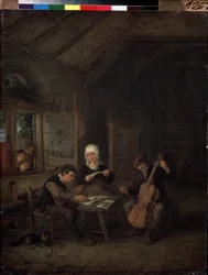 Landsbymusikere (Rural Musicians). Fiolinist og cellist spiller i et hus. Maleri av Adriaen Jansz Van Ostade (1610-1685)