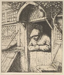Bonde lener seg på dør, 1610-85.