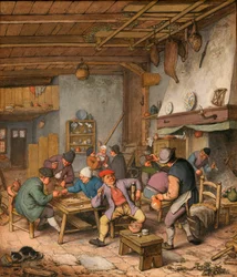 Rom i et vertshus med bønder som drikker, røyker og spiller backgammon - Verk av Adriaen Jansz van Ostade (1610-1685) Blyant, kritt og akvarell på papir