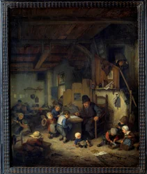 Skolemesteren Scene-klassen, en gammel lærer med små elever fra favorittbakgrunner. Maleri av Adrien van Ostade (1610-1685) 1662 Søn. 0,4x0,32 m