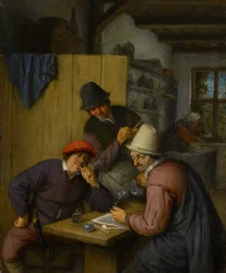 Tre drikkende og røykende bønder i en taverna, 1666-67