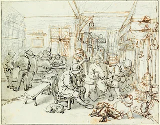 En gruppe bønder i en taverna (Company of Peasants in a Tavern) - Tegning av Adriaen Jansz van Ostade (1610-1685), blyant og indisk blekk på papir, ca. 1675 - Albertina, Wien (Østerrike)