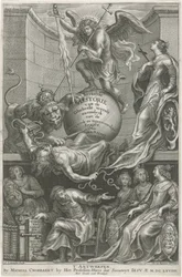 Allegorisk tittelside med den nedslåtte Envy Tittelside for: C. Hazart, Kerckelycke historie, 1669
