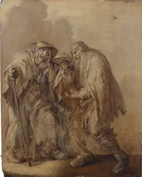 Et eldre tiggerpar som holder en tom bolle snudd opp; en brunaille (olje på panel)