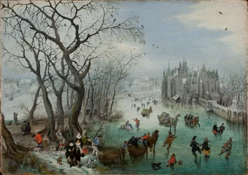 Vinterlandskap med skatere nær et slott, 1615