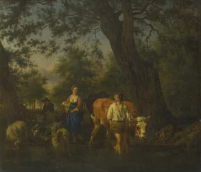 Bønder med storfe som går en bekk, ca 1662