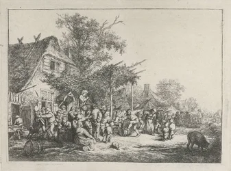 Dansende bønder foran et vertshus