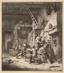 Bonde familie i et interiør med moren som mater et barn