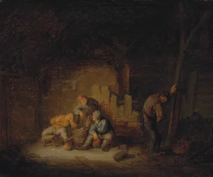Bønder sitter og drikker i en låve med en hund