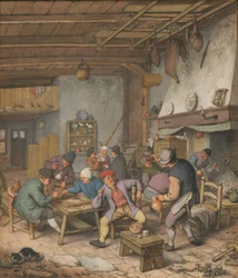 Rom i et vertshus med bønder som drikker, røyker og spiller backgammon, 1678