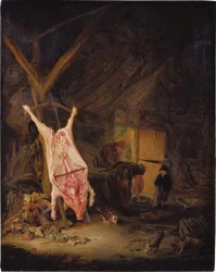 Slaktet gris i en låve