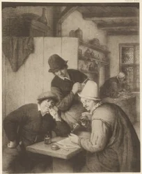 Tre bønder og en kvinne ved et bord