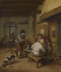 Tre bønder i en taverna, rundt et bål