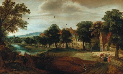 Et skogkledd elvelandskap med landsbybygninger og Abraham og de tre englene