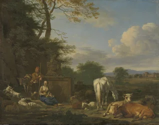 Arkadisk landskap med hvilende hyrder og dyr, 1664 (olje på lerret på panel)