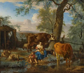 Kveg med ammende kvinne og barn som leker med en hund