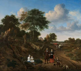 Portrett av et par med to barn og en sykepleier i et landskap Portrett av et par med to barn og en sykepleier i et landskap