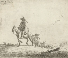 Rytter og gjeter med storfe på en grusvei, 1653