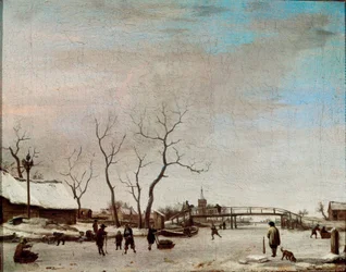 Riviere Gelee med skatere Maleri av Adriaen Van de Velde le jeune (1636-1672) 1668 Dim. 23x30 cm Paris, Musée du Louvre