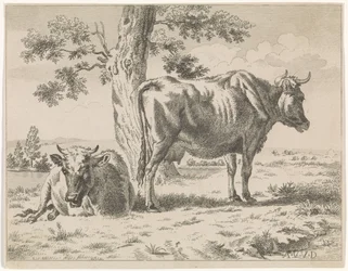 Two Cows by a Tree (serietittel) Beitende ku ved et tre og to sauer