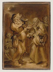 Moraliserende scene med en gammel kvinne og en mann