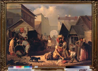 Buvette a Saint Petersburg (Refreshment Stall in St Petersburg) - Maleri av Adrian Markovich Volkov (1827-1873), olje på lerret