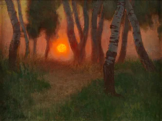 Solnedgang i et skogslandskap (olje på panel)