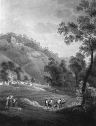 Utsikt mot Pillnitz slott med hagen og den kunstige ruinen, rundt 1792
