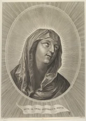 Jomfruens hode ser opp til høyre, i en oval ramme, etter Reni, ca. 1..., ca. 1650-67.