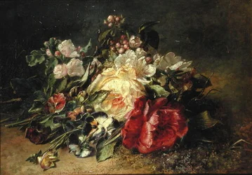 Stilleben med roser og stemorsblomster (olje på lerret)