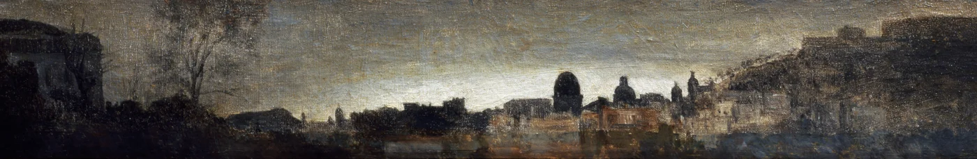 Utsikt over Napoli, ca 1865, av Adriano Cecioni (1836-1886), olje på panel, 9x56 cm. Italia