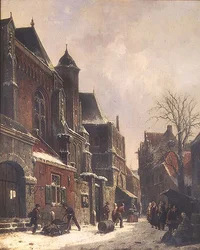 Et nederlandsk gatebilde med figurer ved en kirke