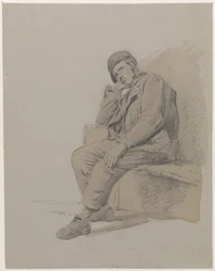 Figurstudie av en sittende mann med hatt